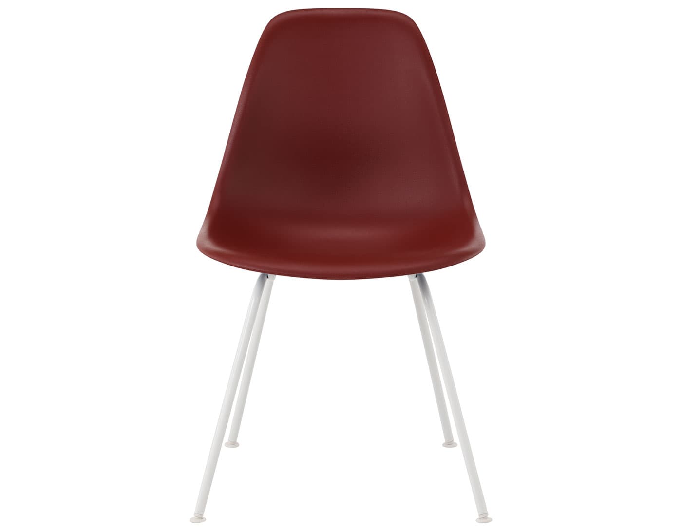 eames molded plastic side chair with 4 leg base / standard glides with felt bottom / 100% recycled plastic - brick red / white