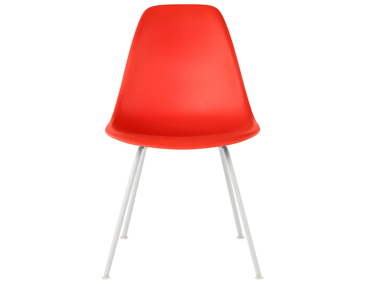 eames molded plastic side chair with 4 leg base / standard glides with felt bottom / 100% recycled plastic - red orange / white