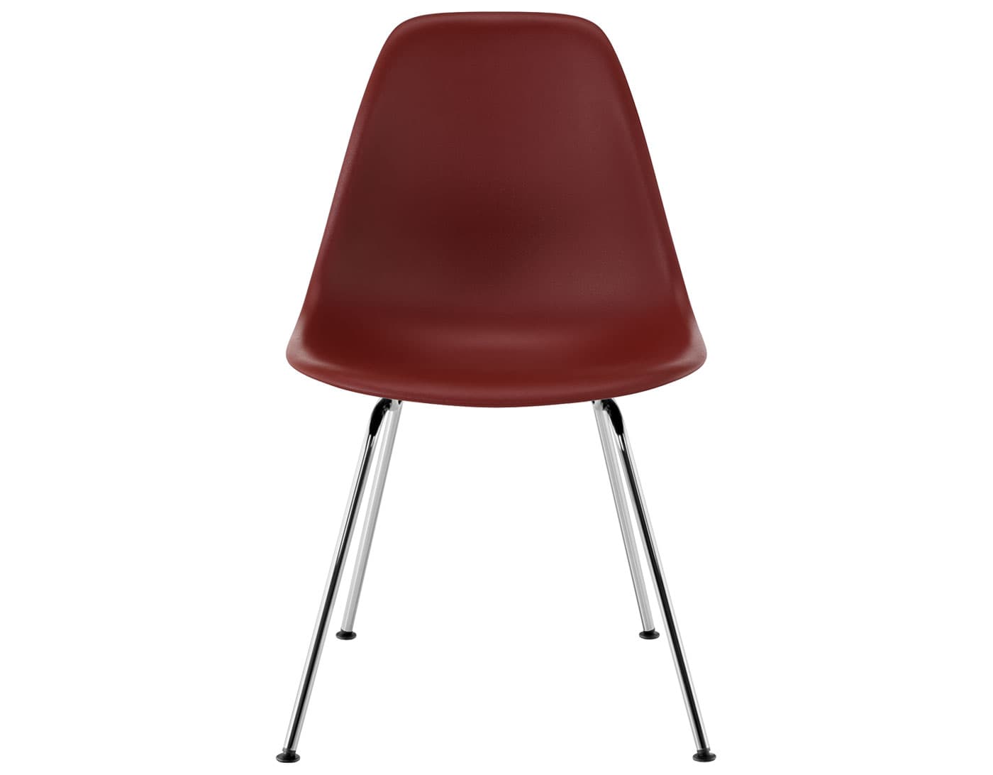eames molded plastic side chair with 4 leg base / standard glides with felt bottom / 100% recycled plastic - brick red / trivalent chrome