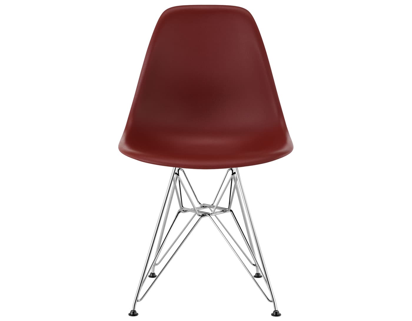 eames molded plastic side chair with wire base / standard glides with felt bottom / 100% recycled plastic - brick red / trivalent chrome