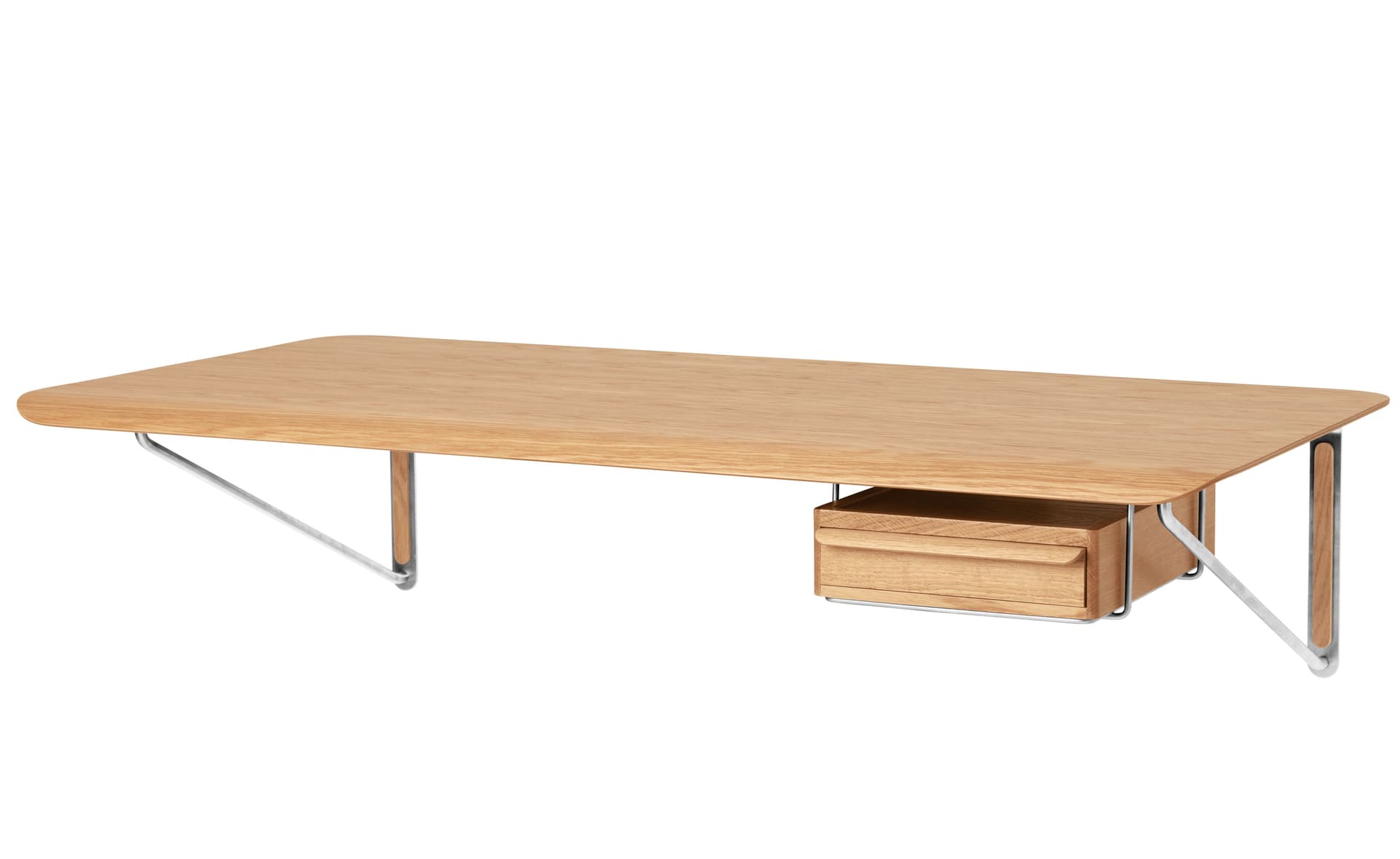 Wall Desk / lacquered oak top / lacquered oak & stainless steel supports / add drawer in white oiled oak with stainless steel support