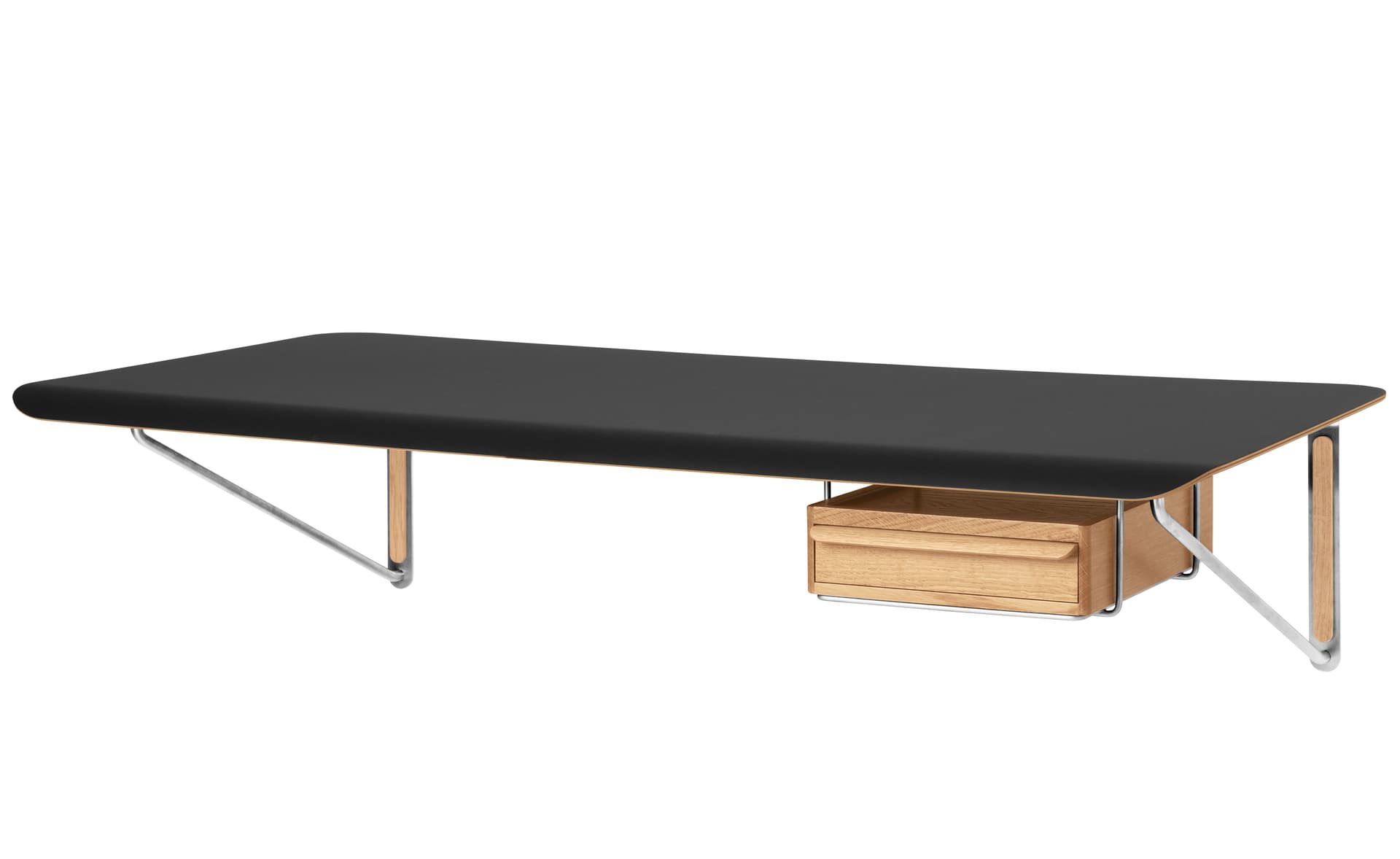 Wall Desk / nero ingo laminate top / white oiled oak & stainless steel supports / add drawer in oiled oak with stainless steel support