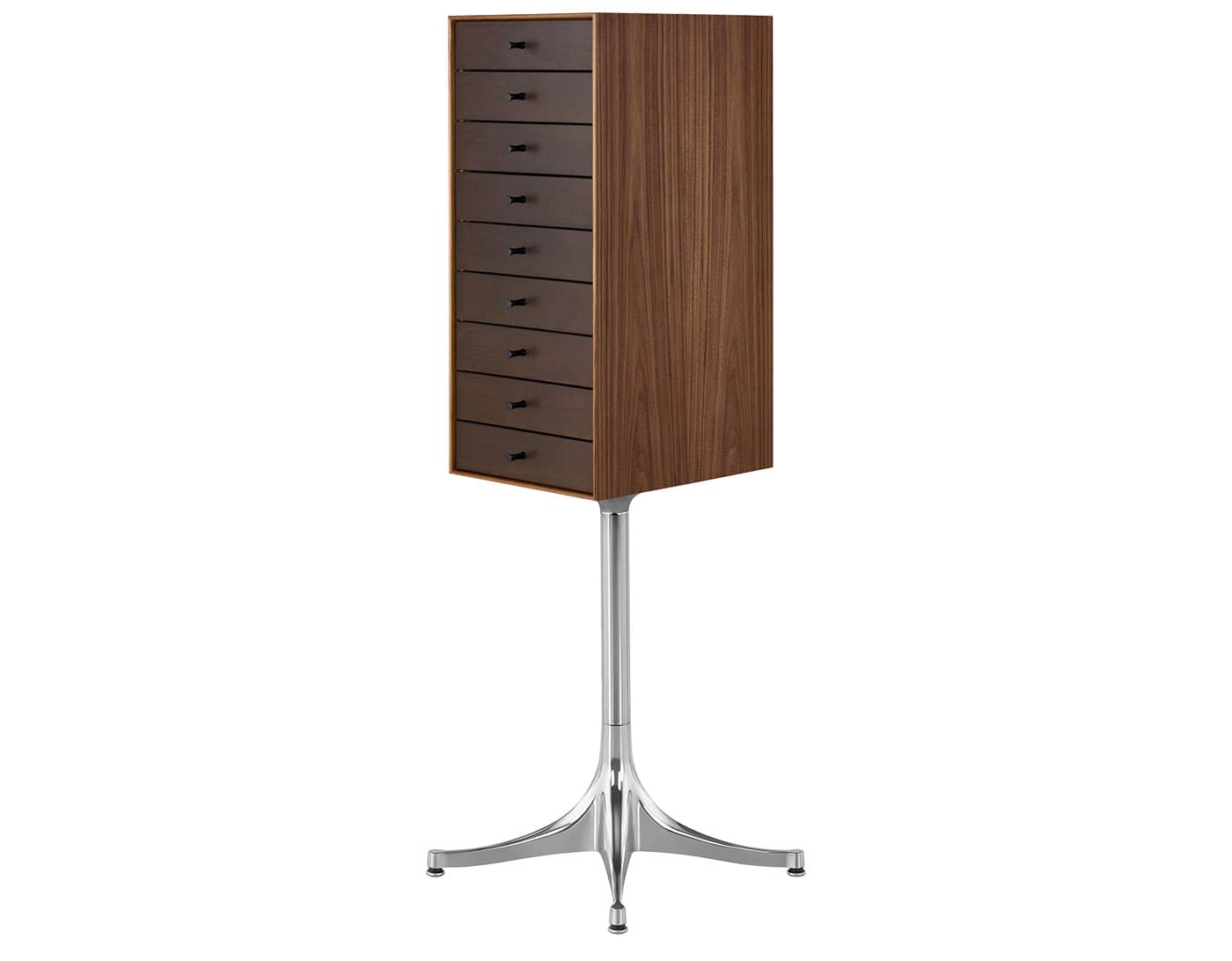 nelson miniature chest 9 drawer / walnut case & dark brown walnut drawers combination / polished aluminum pedestal base / black