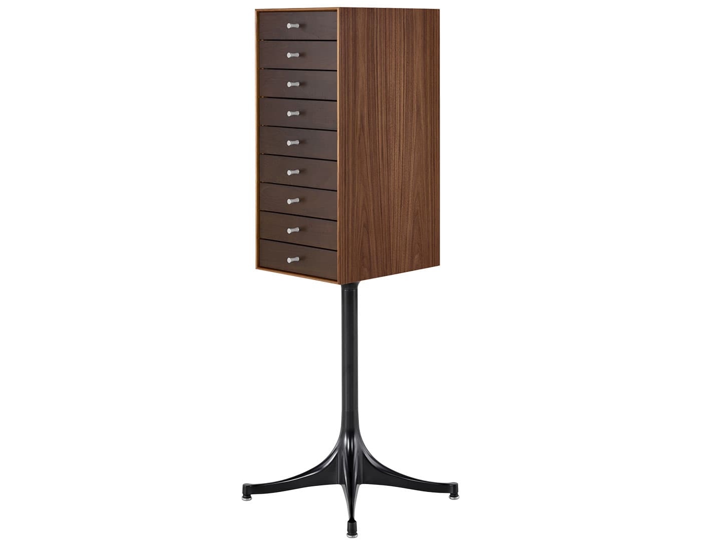 nelson miniature chest 9 drawer / walnut case & dark brown walnut drawers combination / black pedestal base / polished aluminum
