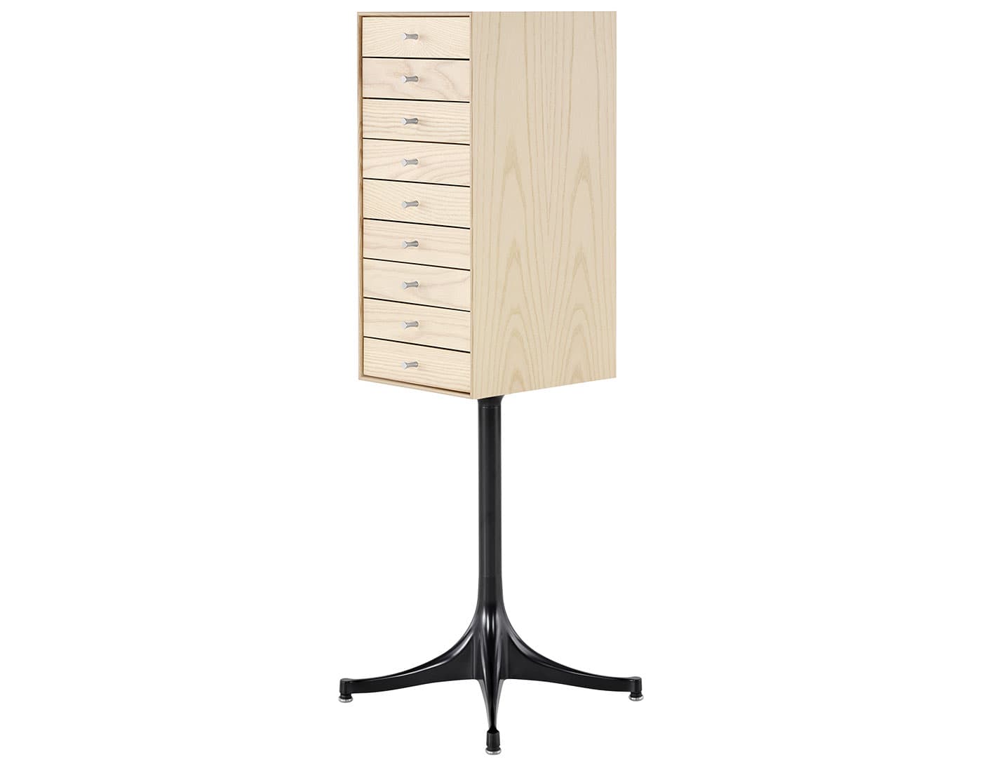 nelson miniature chest 9 drawer / white ash case & white ash drawers / black pedestal base / polished aluminum