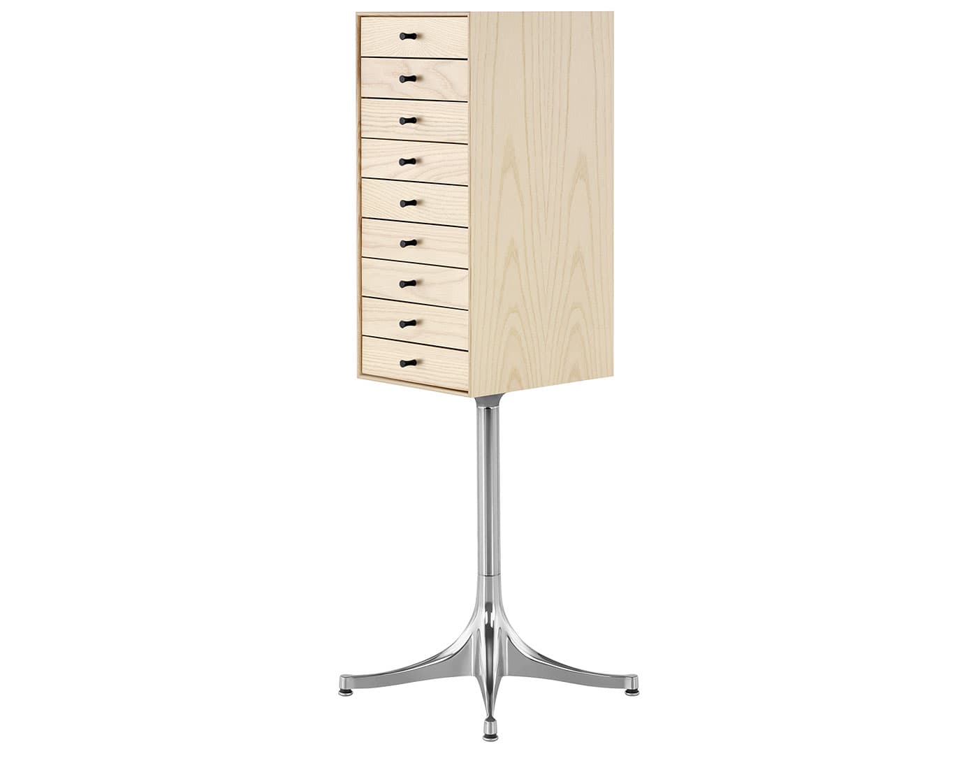 nelson miniature chest 9 drawer / white ash case & white ash drawers / polished aluminum pedestal base / black