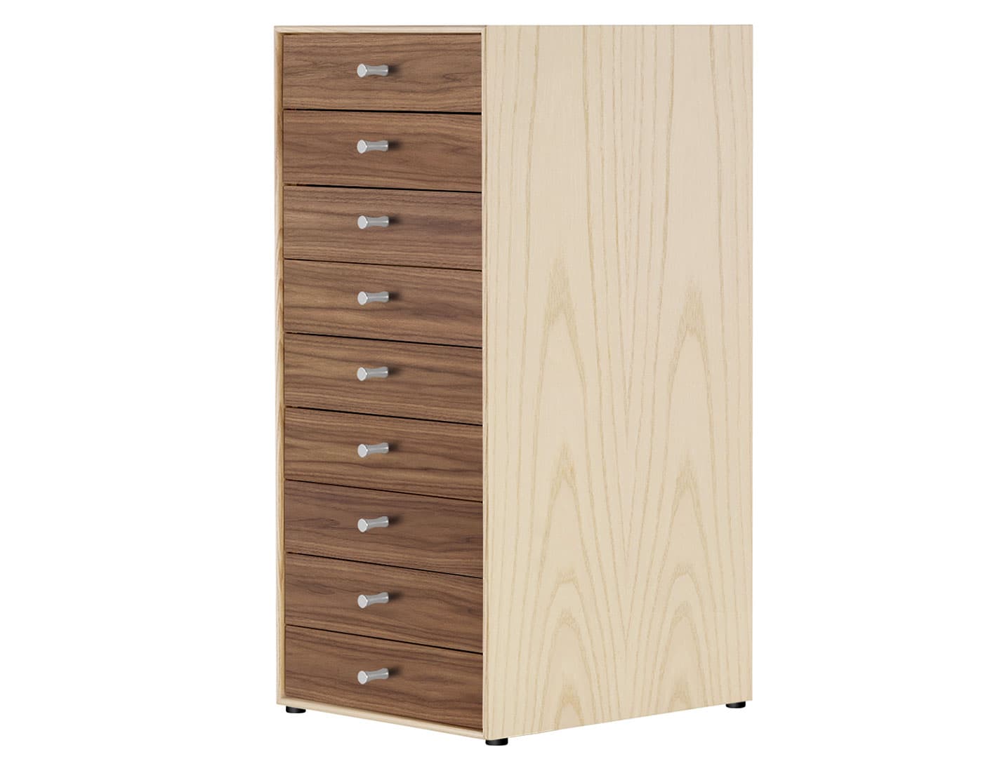 nelson miniature chest 9 drawer / white ash case & walnut drawers combination / no base / polished aluminum