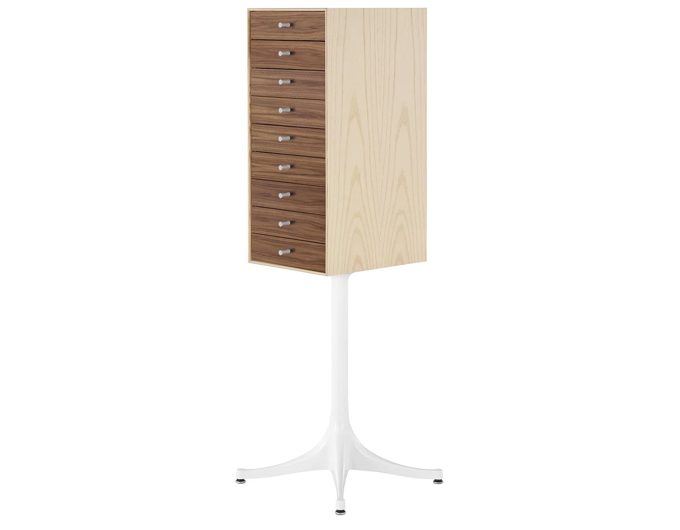 nelson miniature chest 9 drawer / white ash case & walnut drawers combination / studio white pedestal base / polished aluminum