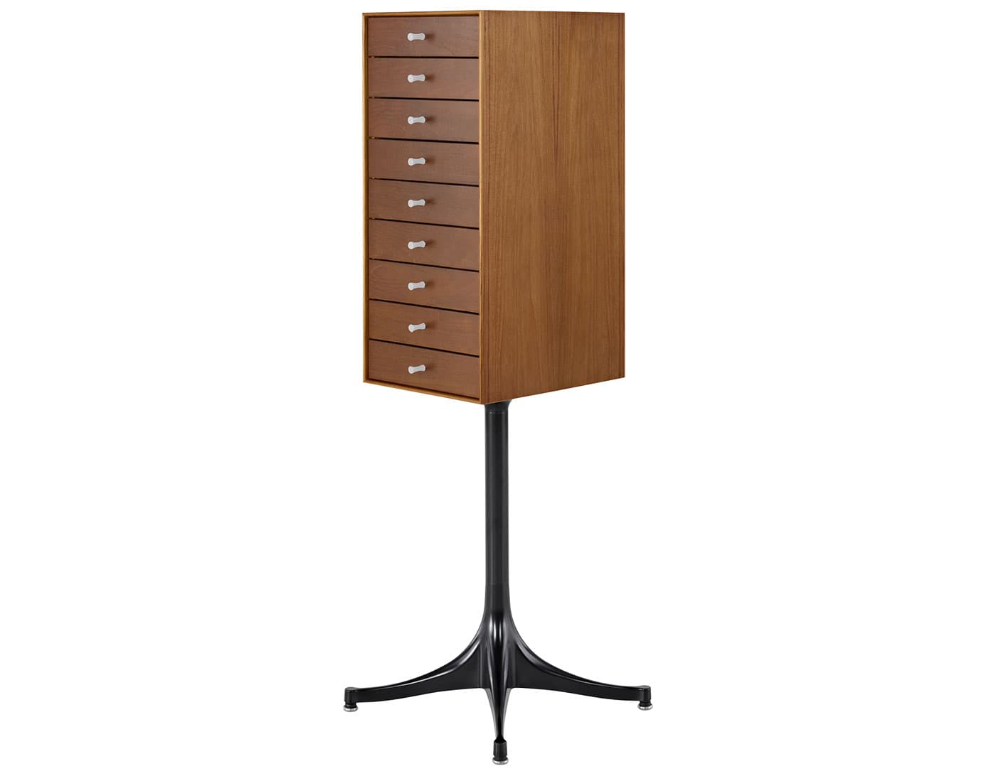 nelson miniature chest 9 drawer / teak case & teak drawers / black pedestal base / studio white