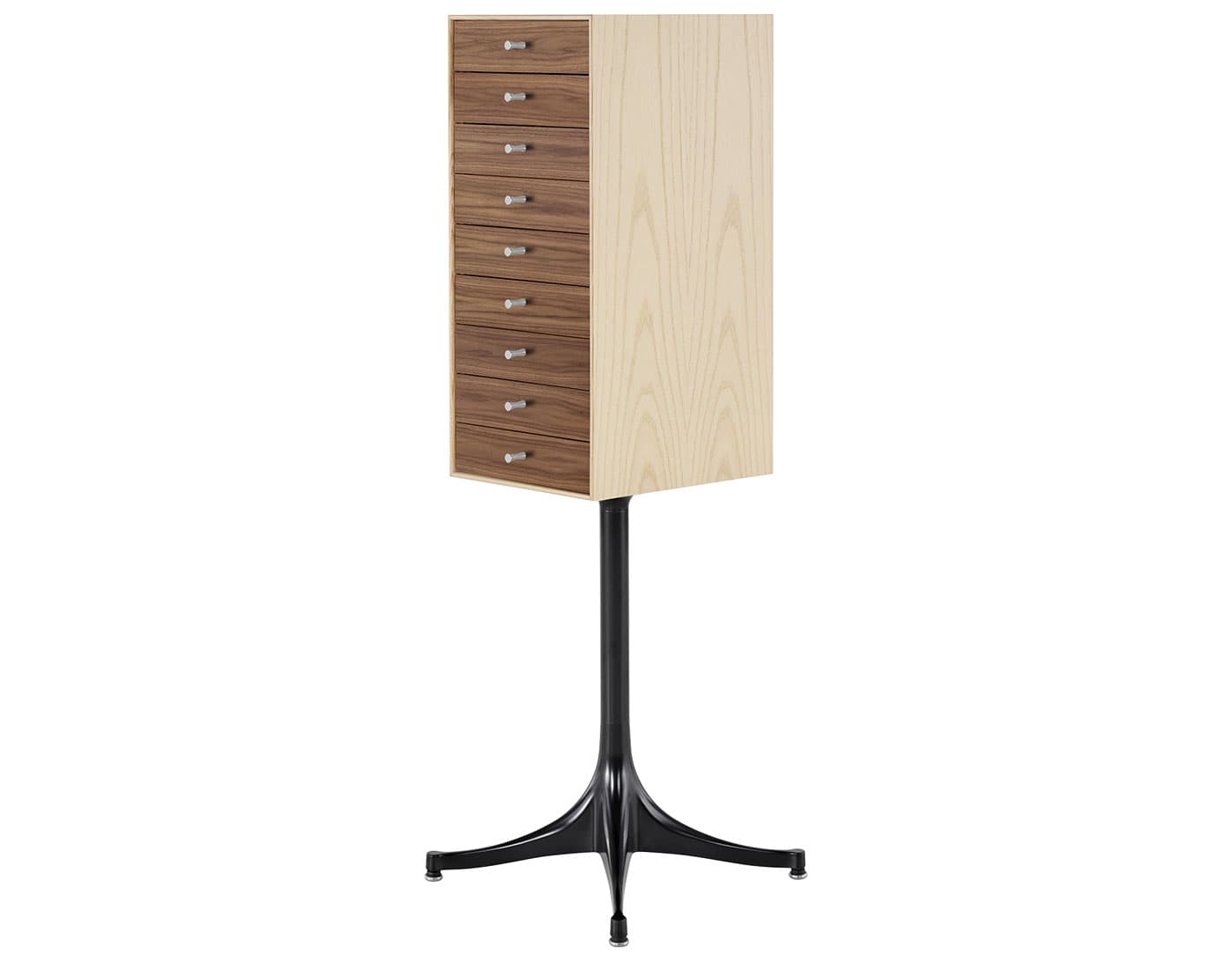 nelson miniature chest 9 drawer / white ash case & walnut drawers combination / black pedestal base / polished aluminum