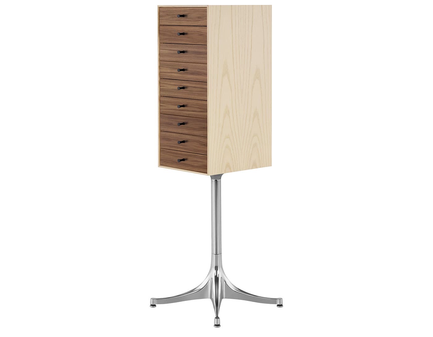 nelson miniature chest 9 drawer / white ash case & walnut drawers combination / polished aluminum pedestal base / black