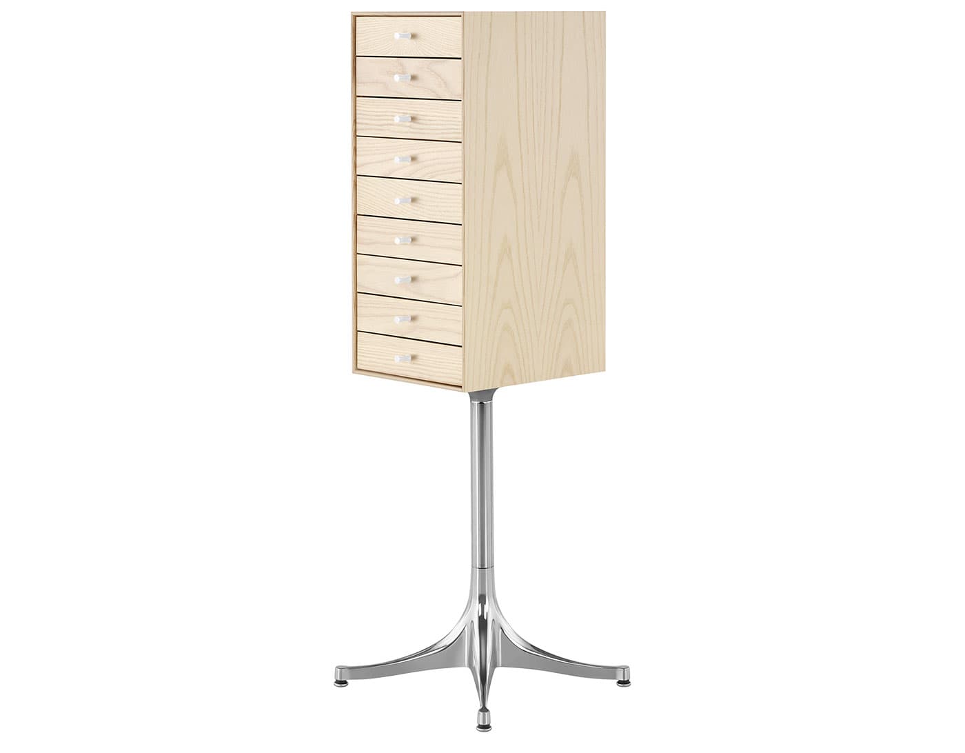 nelson miniature chest 9 drawer / white ash case & white ash drawers / polished aluminum pedestal base / studio white