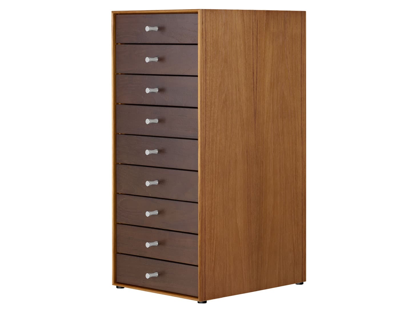 nelson miniature chest 9 drawer / teak case & dark brown teak drawers combination / no base / polished aluminum