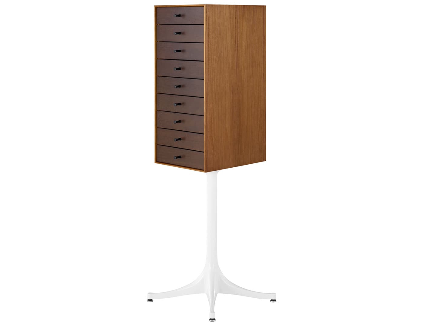 nelson miniature chest 9 drawer / teak case & dark brown teak drawers combination / studio white pedestal base / black