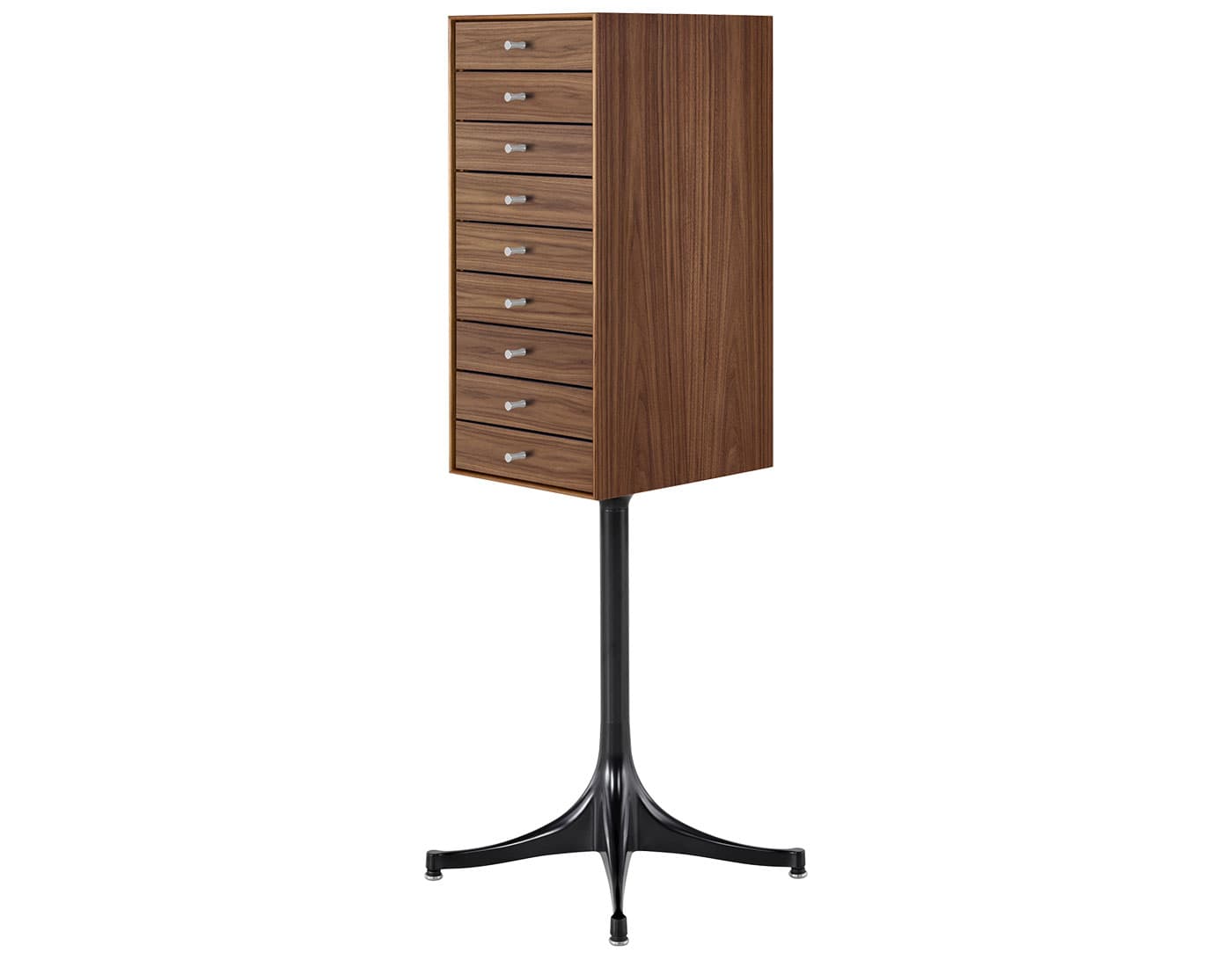 nelson miniature chest 9 drawer / walnut case & walnut drawers / black pedestal base / polished aluminum