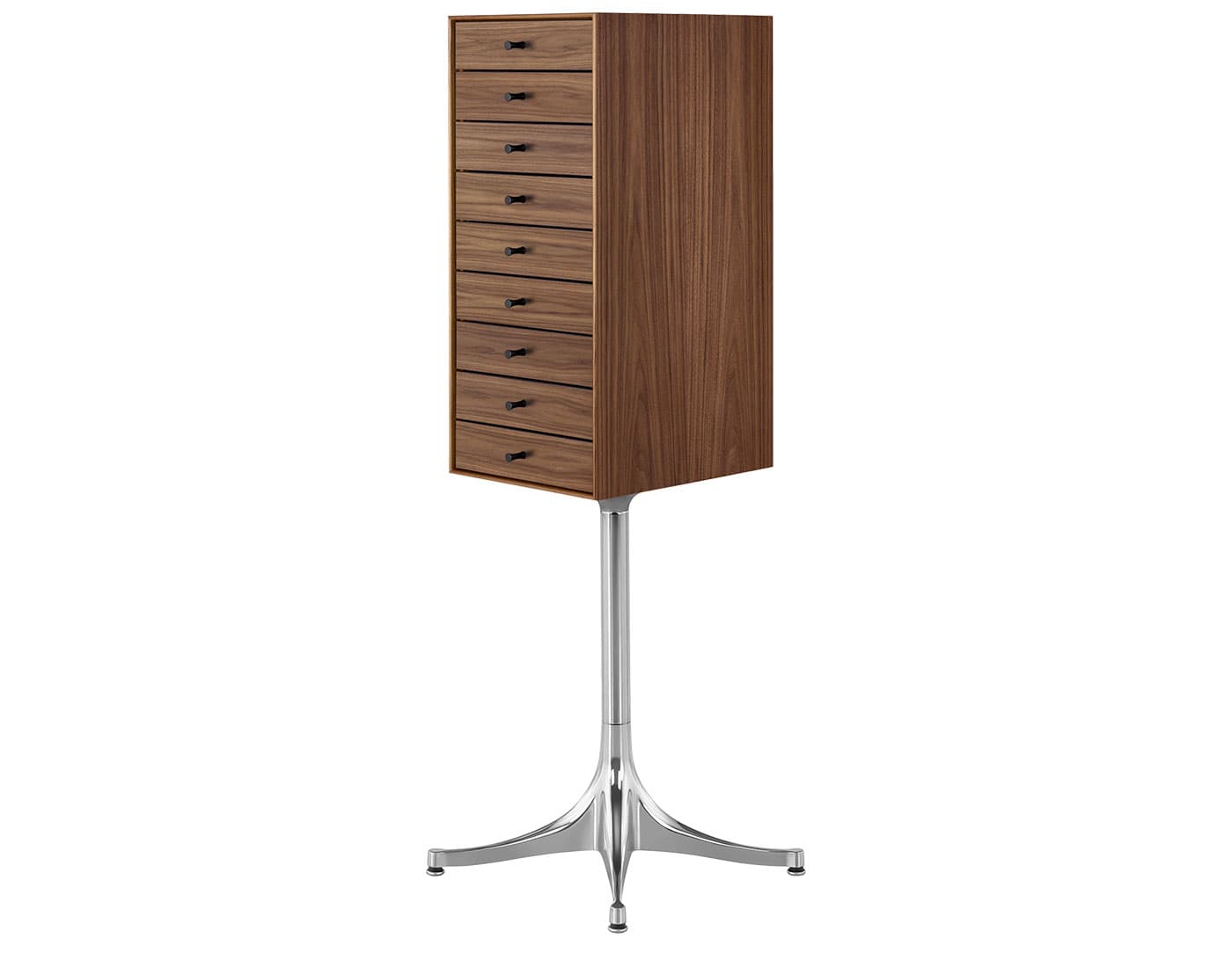 nelson miniature chest 9 drawer / walnut case & walnut drawers / polished aluminum pedestal base / black