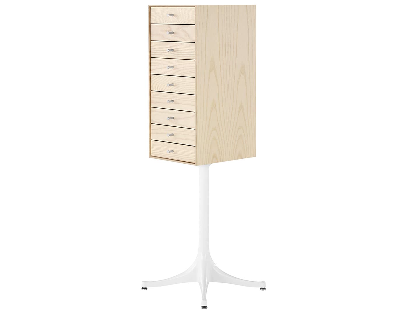 nelson miniature chest 9 drawer / white ash case & white ash drawers / studio white pedestal base / polished aluminum