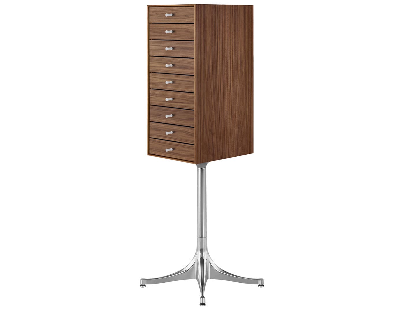 nelson miniature chest 9 drawer / walnut case & walnut drawers / polished aluminum pedestal base / studio white