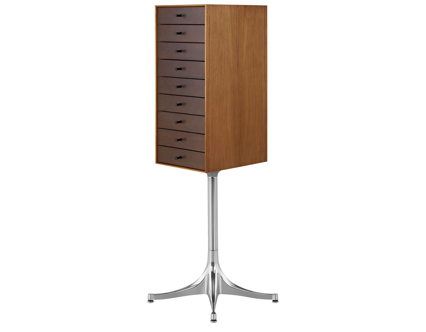nelson miniature chest 9 drawer / teak case & dark brown teak drawers combination / polished aluminum pedestal base / black