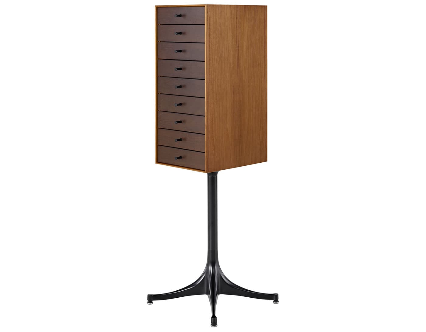 nelson miniature chest 9 drawer / teak case & dark brown teak drawers combination / black pedestal base / black