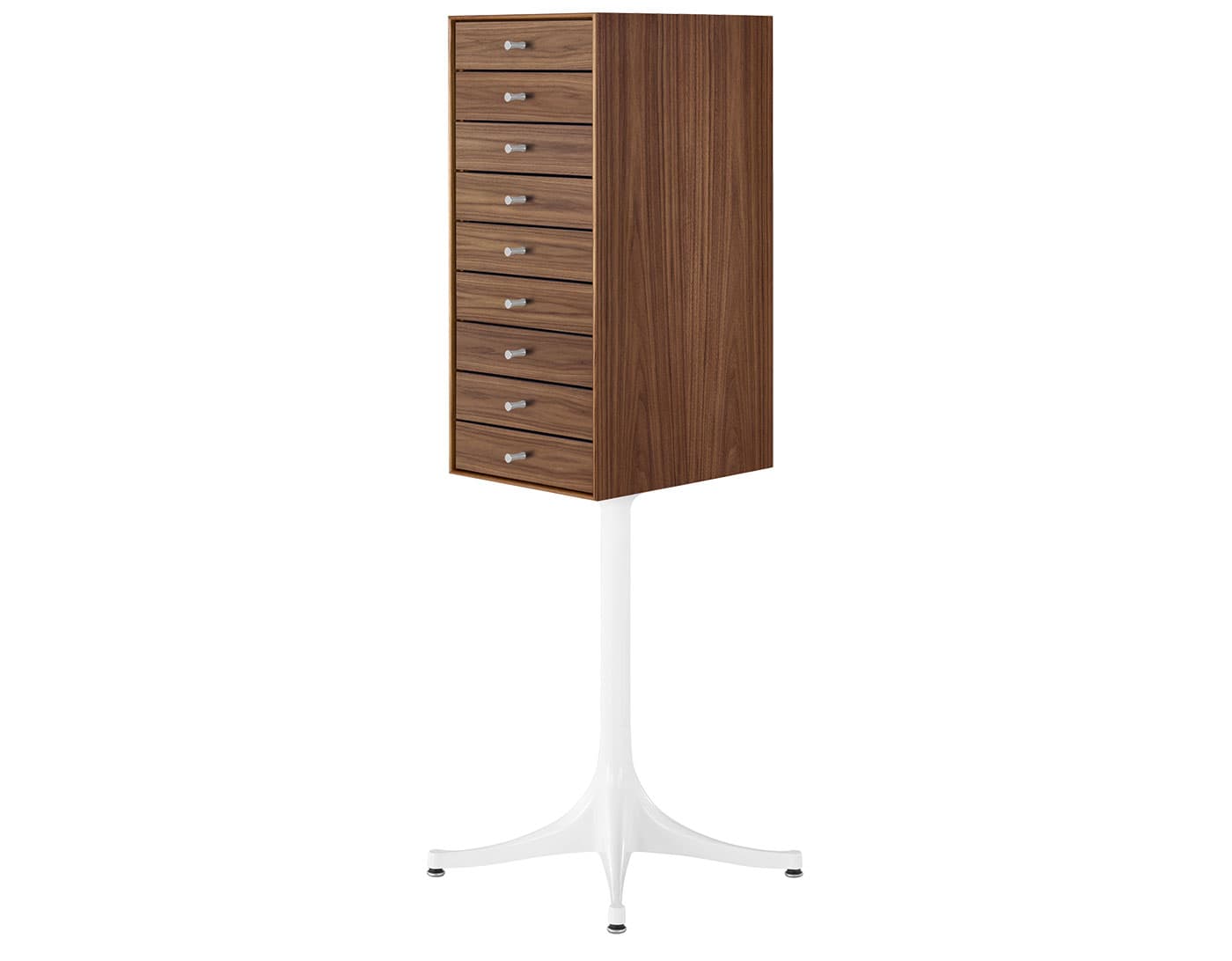 nelson miniature chest 9 drawer / walnut case & walnut drawers / studio white pedestal base / polished aluminum