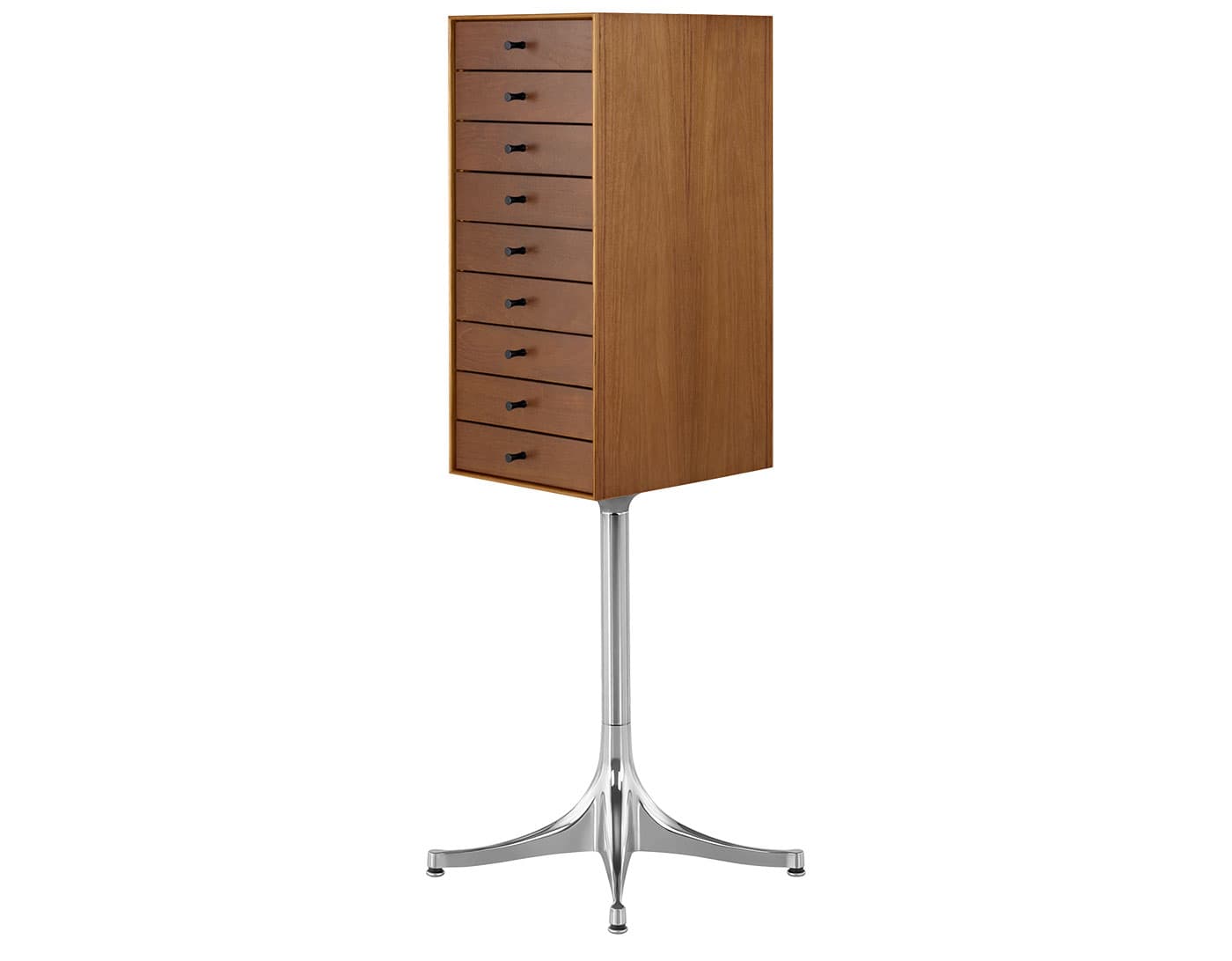 nelson miniature chest 9 drawer / teak case & teak drawers / polished aluminum pedestal base / black