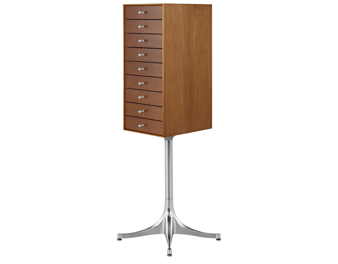 nelson miniature chest 9 drawer / teak case & teak drawers / polished aluminum pedestal base / polished aluminum