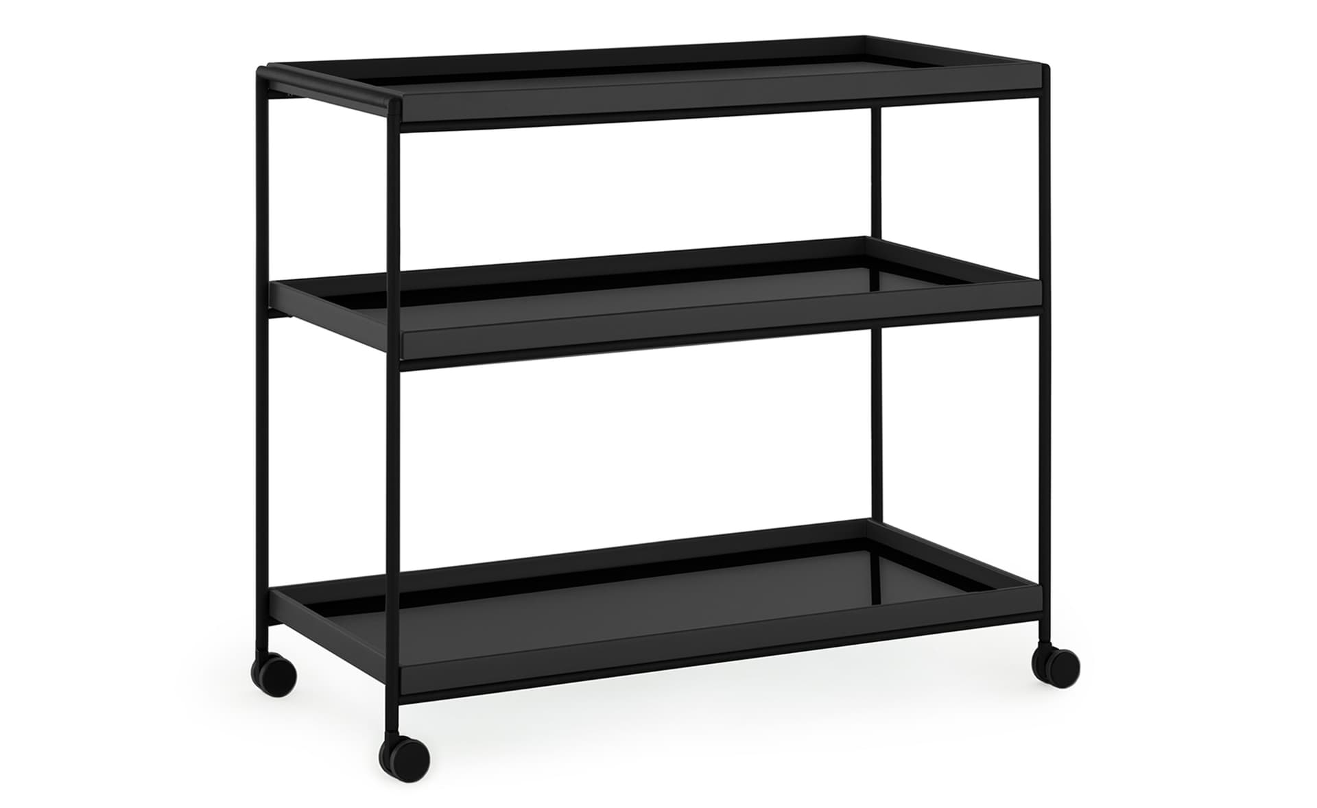 Trays Shelving Unit / 31.5" width (with wheels/castors) / glossy black trays / matte black frame