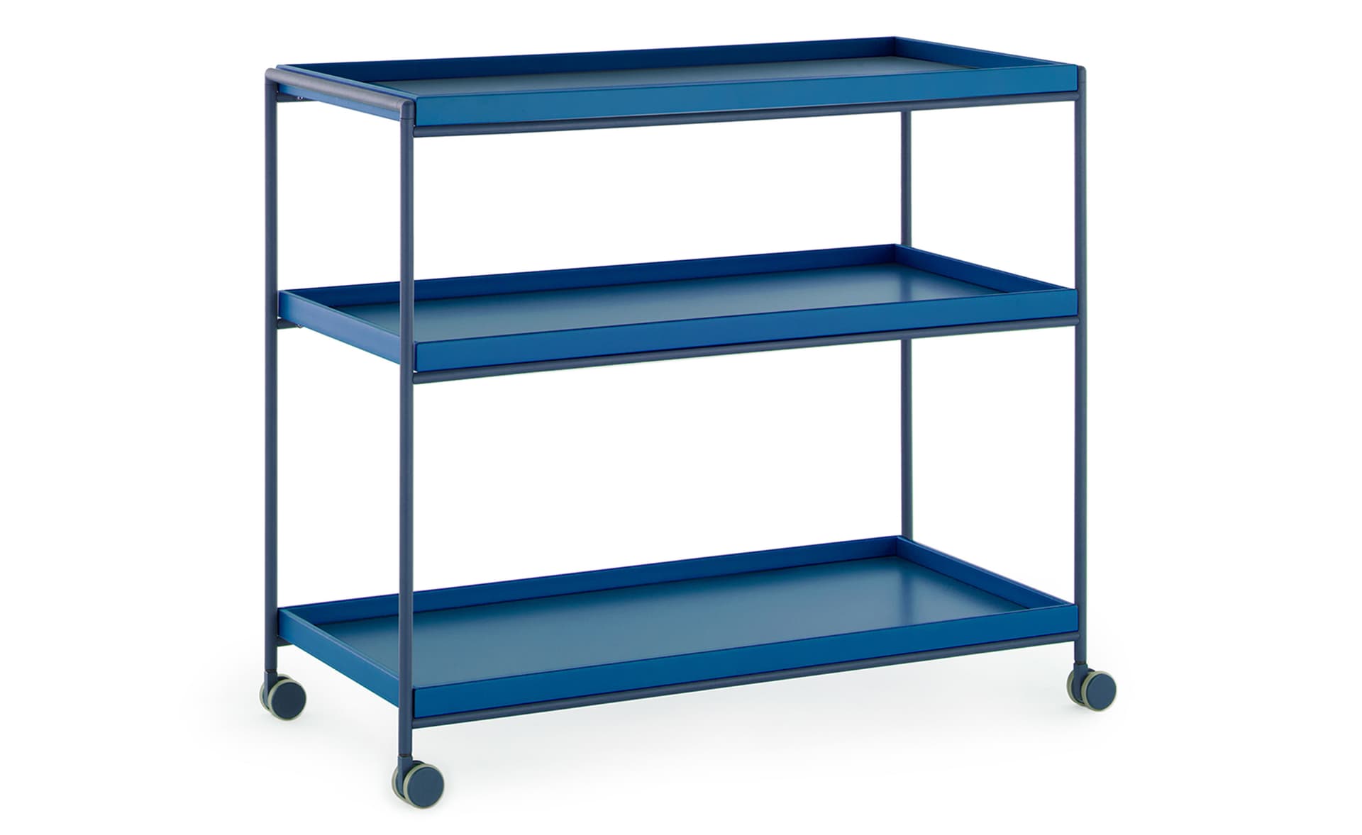 Trays Shelving Unit / 31.5" width (with wheels/castors) / matte blue trays / matte blue frame