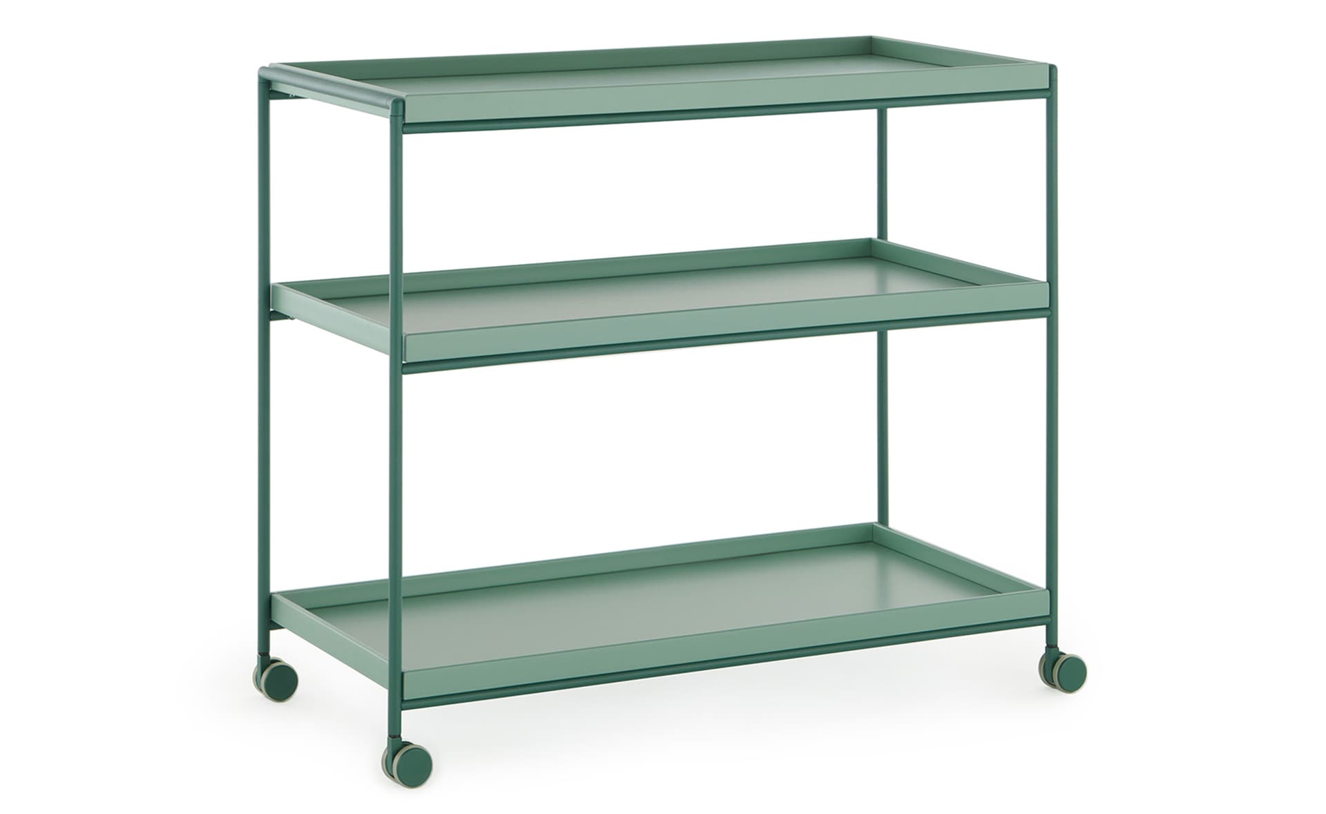 Trays Shelving Unit / 31.5" width (with wheels/castors) / matte green trays / matte green frame