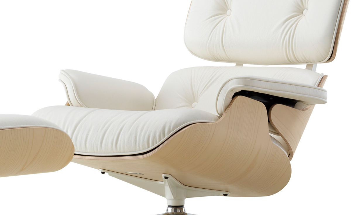 Mid Century Eames Style Lounge Chair & Ottoman Replica Genuine Leather White Ash 